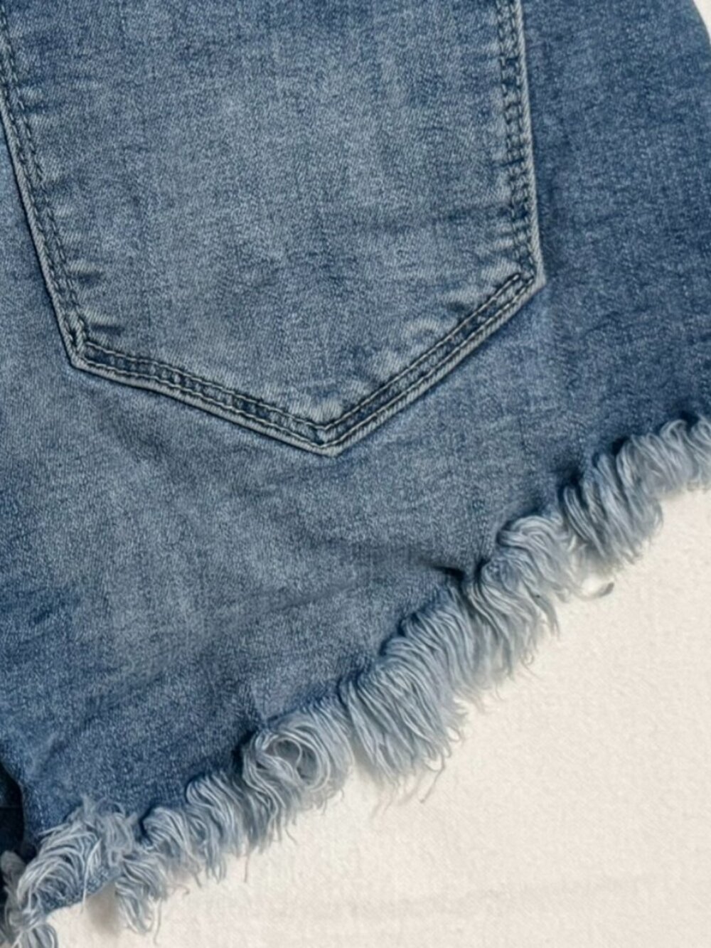 KanCan High Rise Frayed Hem Denim‎ Shorts Medium Wash Stretch Size 9/28 - Picture 4 of 7